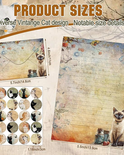 TaoBary 160 Pcs Stationery Paper Set 50 Double Sided Stationery Papers with 50 Matching Envelopes and 60 Round Dot Sticker, 10 Design(Cat,5.5 x 8.25 Inch)