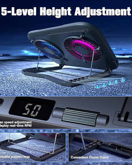 PZT Dual-Core TEC Laptop Cooling Pad with Dual Stepless-Quiet Fans, 5-Height Adjustable Laptop Cooling Stand, 10-Level RGB for 13-17 Inch Laptops, Includes 15W Charger, Smoky Black