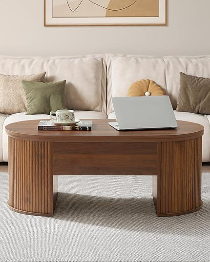 QHITTY Fluted Coffee Table with Lifting Top, Oval Wood Lift Top Coffee Table with Hidden Compartment, Mid Century Pull up Center Tables for Living Room, Office - Walnut