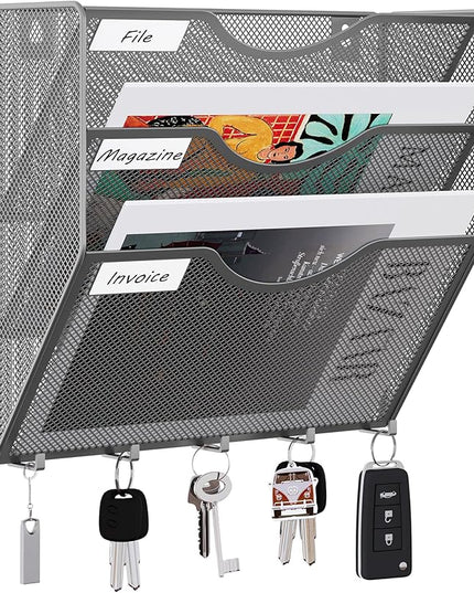 EasyPAG Hanging Wall File Organizer with Key Hooks, 3 Pocket Wall Mounted Mail Organizer, Vertical Folder Holder with Nametag Label, Paper Storage Magazine Rack for Office Home School, Silver