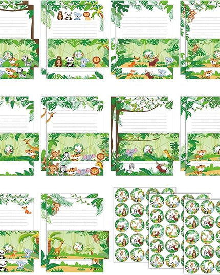 TaoBary 160 Packs Stationery Paper Set (50 Double Sided Stationery Writing Papers 50 Matching Envelopes) 60 Round Dot Sticker, 10 Design(Safari Animal,8.5 x 11 Inch)