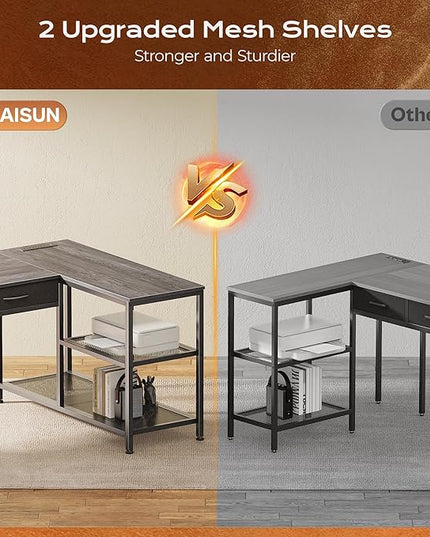 PRAISUN 63 Inch L Shaped Office Desk with Power Outlets and Type-C Port, Large Computer Gaming Desk with 3 Fabric Drawers, Mesh Shelves, Corner Study Work Writing Desk, Grey
