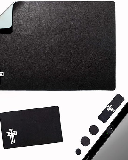 Mouse Pad Adhesive Bottom - Sticks to Any Surface - Portable - Webcam Covers and Screen Cleaner Included (Cross-Black)