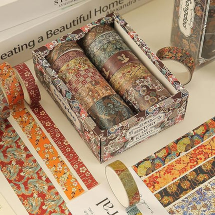 Songdao 12 Rolls Kyoto Charm Washi Tape Set Japanese Arts Adhesive Tapes Geometric Garden Decorative Masking Tape Sets for Craft, Kids, Scrapbook, DIY, Gift Wrapping (Crimson Fields)