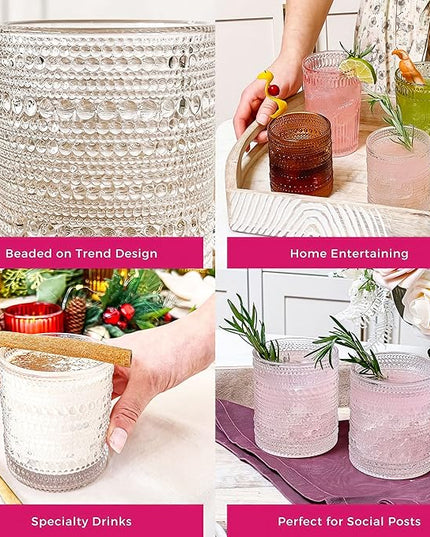 Kate Aspen Beaded Drinking Glasses Set of 6, 10 oz Retro Vintage Glassware - Boho Cocktail Water Juice Glasses, Hostess or Housewarming Gift