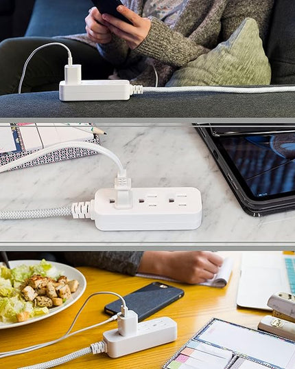 Cordinate 3 Outlet Power Strip Surge Protector Indoor Extension Cord 16 Gauge 10 Ft 3 Prong Braided Extension Cords Flat Extension Cord ETL Listed White 37914
