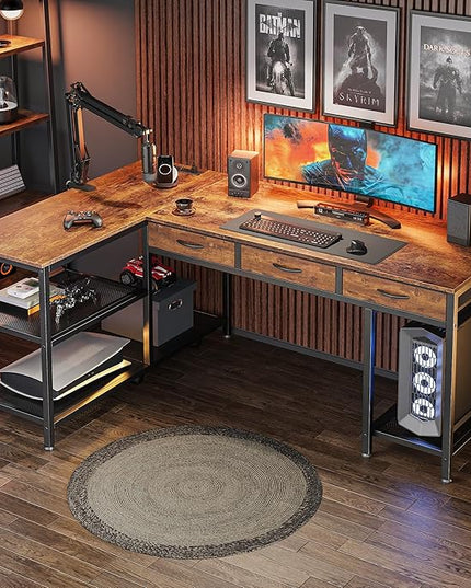 PRAISUN 55 Inch L Shaped Office Desk with Power Outlets and Type-C Port, Large Computer Gaming Desk with 3 Fabric Drawers, Mesh Shelves, Corner Study Work Writing Desk, Rustic Brown