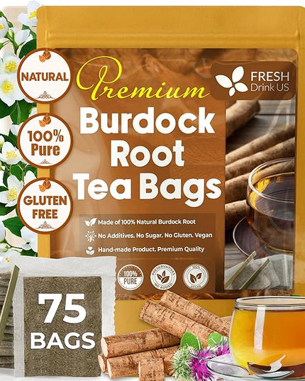 FreshDrinkUS, Premium 75 Burdock Root Tea Bags, 100% Natural & Pure from Burdock Root. Made with Natural Material Tea Bags. No Sugar, No Caffeine, No Gluten, Vegan.