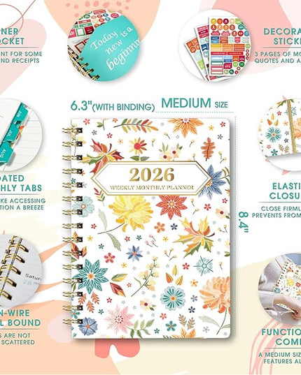Ymumuda 2026 Planner, Daily Weekly and Monthly Planner，Jan 2026 - Dec 2026, 8.4" x 6.3", 2026 Calendar Planner Book with Tabs, Spiral Notebook with Inner Pocket for Office Home School Supplies