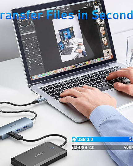 BENFEI USB C HUB 6-in-1 with HDMI(4K@60Hz), Gigabit Ethernet, 100W Power Delivery, 3*USB 3.0, Silicone Cable, Aluminum Case Compatible with iPhone 15 Pro/Max, MacBook, iPad Pro, iMac, S23, XPS17