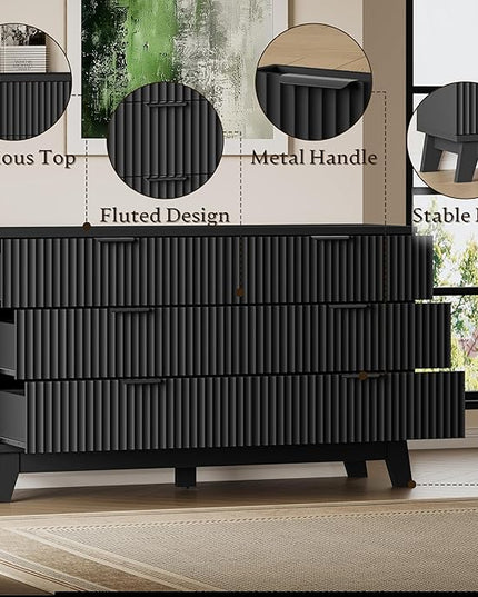 BORNOON 53" Long Dresser for Bedroom, 6-Drawer Dresser with Fluted Fronts, Wide Wood Chest of Drawers, Smooth Metal Slides, Stable Base, Modern Clothes Storage Cabinet for Living Room, Hallway