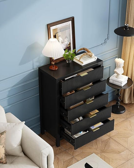 JZXSHD 5 Drawer Dresser, 43" Tall Dresser Organizer TV Drawer Cabinet Modern Wood Storage Cabinet, Modern Wood Storage Cabinet for Bedroom, Hallway, Entryway, Black Oak X 2