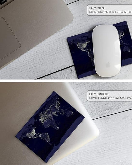 Adhesive Mouse Pad - Peel and Sticks to Any Surface - Travel Mouse Pad, Sticky for Any Surface - Excellent Tracking - Earth Night MAP