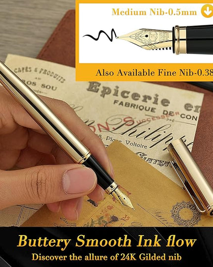 BEILUNER Gold Fountain Pen,Stunning Luxury Pens with 24K Gold Finish, Gorgeous 24K Gilded Nib(Medium), Fancy Pen Gift Set for Men&Women -Ink Converter-Elegant,Office,Nice Pen for Writing