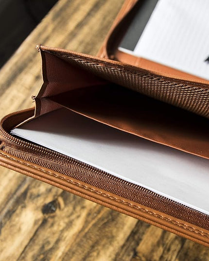 Cossini Premium Business Portfolio with Zipper – Padfolio - Superior Business Impressions Begin with PU Vegan Leather, 10.1 Inch Tablet Sleeve, Smart Storage, Solar Calculator, Writing Pad - Tan