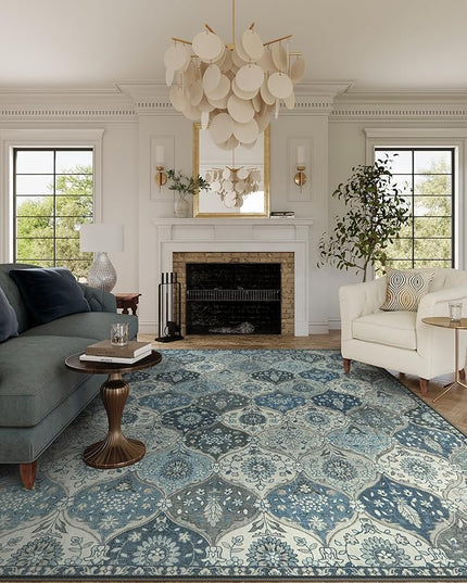 Lahome Moroccan Trellis Washable Rugs 9x12, Soft 9x12 Area Rug for Living Room Bedroom, Ultra-Thin Non-Slip Non Shedding Distressed Throw Large Carpet for Dining Room Office, Blue