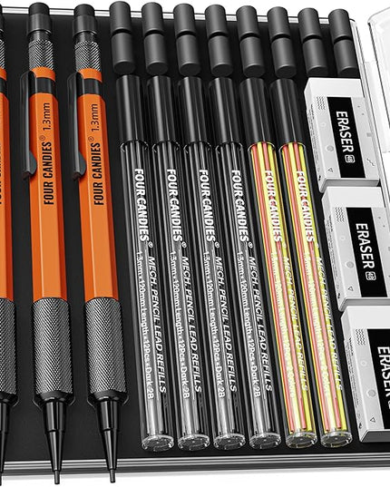 Four Candies 3PCS 1.3mm Mechanical Pencil Set with Case, Metal Heavy Duty Carpenter Pencils with 72 Refill(Red,Black,Yellow) 3Eraser, 16Eraser Refill, Weatherproof Body Outdoor Woodworking Marking
