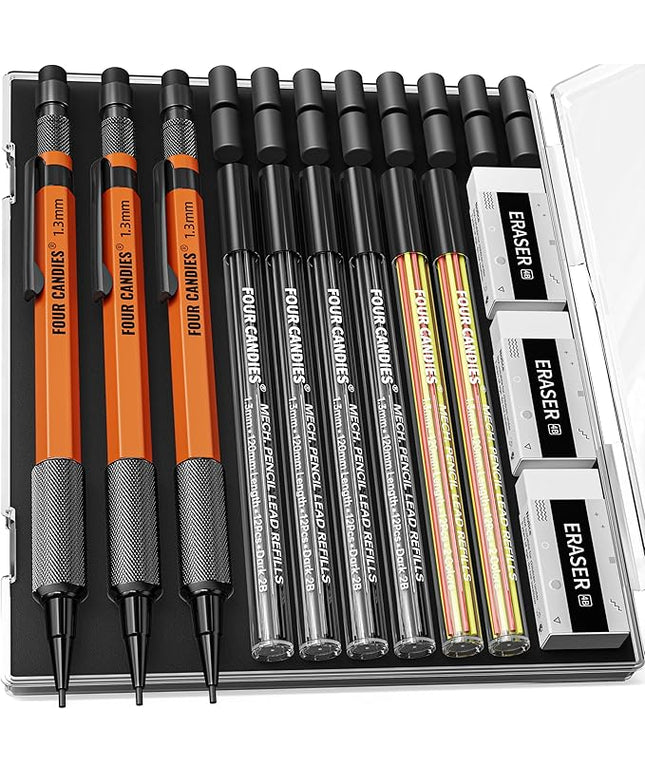 Four Candies 3PCS 1.3mm Mechanical Pencil Set with Case, Metal Heavy Duty Carpenter Pencils with 72 Refill(Red,Black,Yellow) 3Eraser, 16Eraser Refill, Weatherproof Body Outdoor Woodworking Marking
