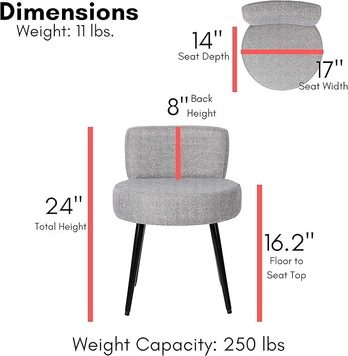 BIRDROCK HOME Linen Chair w/Back - Small Padded Footrest - Compact Round Ottoman Foot Stool - Living Room, Office, Dorm Chair - Upholstered Soft Seating - Black Metal Legs - Couch, Desk, Sofa - Grey