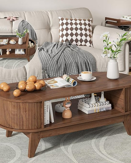 Coffee Table with Storage,Mid Century Modern Coffee Tables with 2 Flip-Top Hidden Lids,Fluted Coffee Table,Wood Center Tables for Living Room Home Office (Walnut Color)