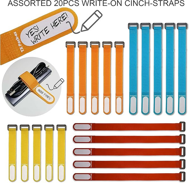 Multi-Purpose Cinch Straps (Assorted-Color 20 Pack). Reusable Waterproof Hook and Loop Cable Tie, Write-on Label for Easy Cord & Stuff Indentification, Organization & Management, by TX Pack-es