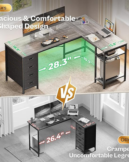 Huuger 55 Inch L Shaped Desk with Fabric Drawers, Reversible Computer Gaming Desk with Power Outlets and USB-C Port, Adjustable Side Storage Shelves, for Work Study Corner Home Office, Grey