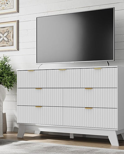 BORNOON Fluted 7 Drawer Dresser, 47.2" Wide Modern Boho Chest of Drawers, Wooden Storage Dresser TV Stand for Bedroom, Living Room, Closet, Hallway, Curved Profile Design
