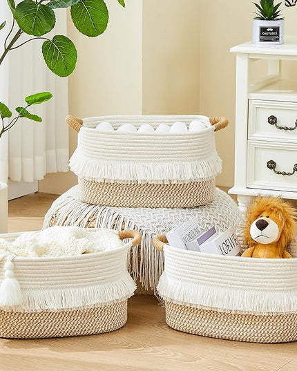 Storage Bins Woven Baskets for Storage Set of 3, Cotton Rope Basket with Handles for Toys/Shelves/Laundry, Rectangle Multi-Purpose Organizer for Living Room, Bedroom, Nursery (White/Brown)