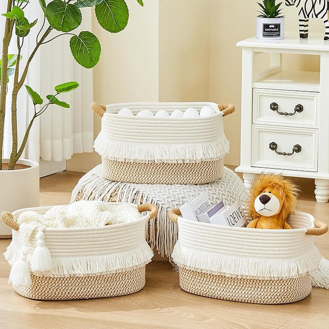 Storage Bins Woven Baskets for Storage Set of 3, Cotton Rope Basket with Handles for Toys/Shelves/Laundry, Rectangle Multi-Purpose Organizer for Living Room, Bedroom, Nursery (White/Brown)