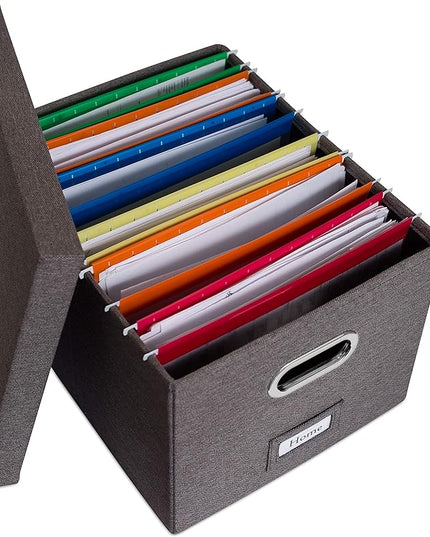 Internet's Best Collapsible File Storage Organizer with Lid - Decorative Linen Filing & Storage Office Box – Hanging Letter/Legal Folder – Home Office Bins Cabinet – Grey Container - 2 Pack
