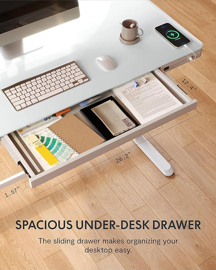 SANODESK Standing Desk with Drawer, Electric Height Adjustable Home Office Desk with Storage & USB Ports, 48 inch Tempered Glass Tabletop/White Frame