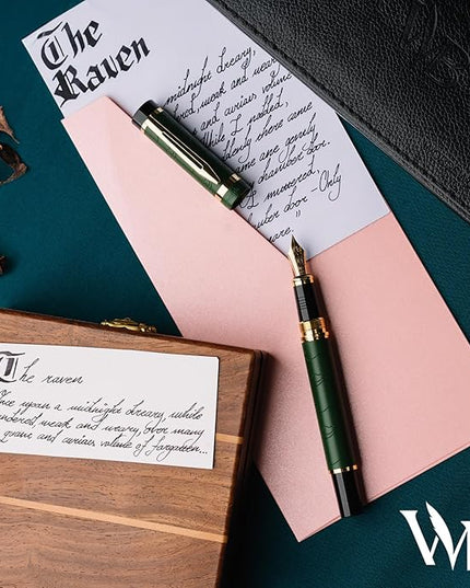 Wordsworth & Black Primori Fountain Pen Set [Green Gold]; Medium Nib, Gift Case, 24 Ink Cartridges, Refill Converter, Manual; Journaling, Calligraphy, Smooth Writing Pens; Left and Right Handed