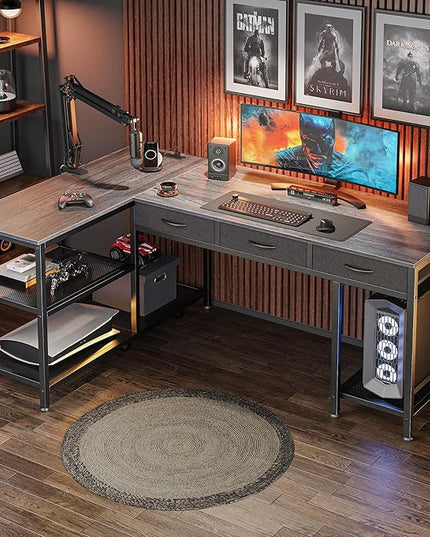 PRAISUN 55 Inch L Shaped Office Desk with Power Outlets and Type-C Port, Large Computer Gaming Desk with 3 Fabric Drawers, Mesh Shelves, Corner Study Work Writing Desk, Grey