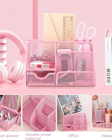 Pink Office Desk Accessories Supplies, 12pcs Desk Organizers and Accessories with Tape dispenser and Stapler,Staples,Staple Remover,Pen Holder,Scissor,Ruler,Sticky Tabs,Tape,Ballpoint Pen,Clips Set
