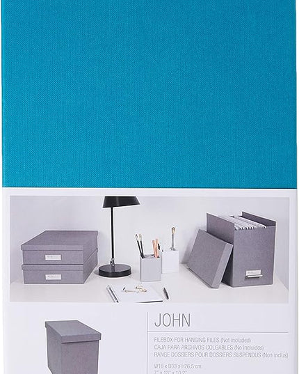 Bigso John Fiberboard Label Frame Desktop File Storage Box - Document Organizer for Important Paperwork - Durable Hanging File Box with a Lid & Metal Label Window - 7.36 x 13.38 x 10.51 in - Turquoise
