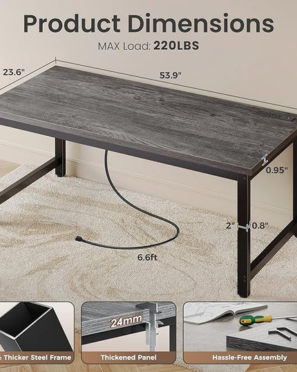Huuger 55 x 24 inch Desk with Power Outlets & USB-C, Deeper & Thicker Desktop, Robust Metal Tubes, Computer Desk, Heavy Duty Office Desk, Work Gaming Desk for Home Office, Grey