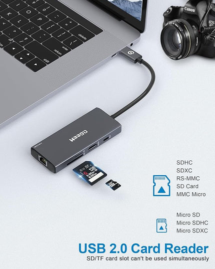 QGeeM USB C Hub Ethernet,9 in 1 USB Type C Hub HDMI Multi-Port Converter Adapter,100W Pd, USB 3.0,SD/TF Card Reader,Compatible for MacBook Pro Air Ipad HP Dell Lenovo Chromebook etc.-Gray