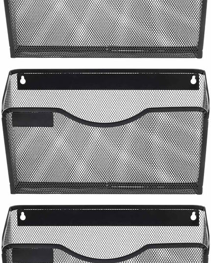EasyPAG 3 Pack Wall File Organizer with Label Panel, Mesh Hanging File Folder Organizer for Letter/A4 Size Folders, Wall Mounted Vertical Mail Holder for Paperwork, Office, Home, School, Black