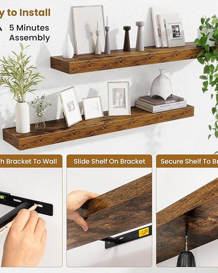 Fun Memories Floating Shelves for Room Wall, 36 Inch Long Shelf Set of 2， Hanging Wood Shelves for Storage & Display, Rustic Brown