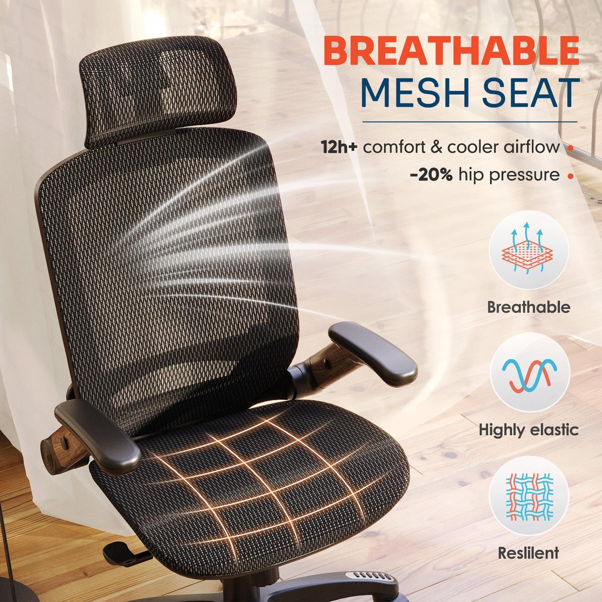 GABRYLLY Ergonomic Office Chair, High Back Home Desk Chair with 2D Flip-Up Arms, 3D Headrest, 90-120° Tilt and Wide Cushion, Big and Tall Mesh Chairs for Man Woman, Computer Task Chair Dark Wood Grain