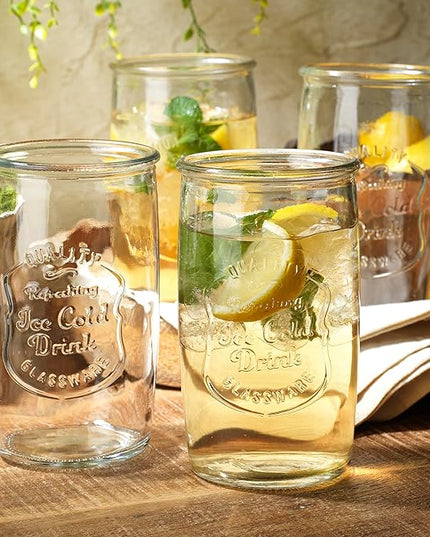 Glaver's Drinking Glasses Set of 4, Vintage Italian Style – Elegant 20 Oz Clear Tumbler Glassware Set– Genuine Artisan-Made for, Refreshing Drinks, Beverages, Cocktails.