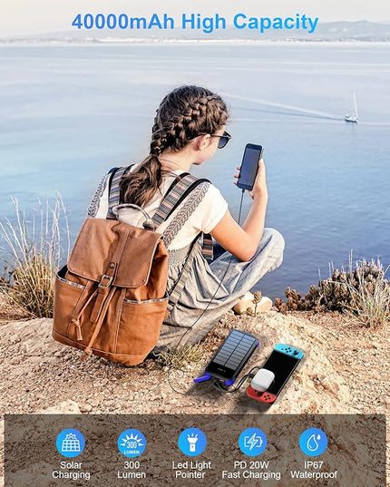 Solar Charger Power Bank, PD 20W Fast Charging External Batter, 40000mAh Portable Phone Charger Built in 4 Cables with Dual Bright Flashlights for Camping, Hiking, and Outdoor Use (Blue)