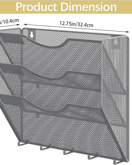 EasyPAG Hanging Wall File Organizer with Key Hooks, 3 Pocket Wall Mounted Mail Organizer, Vertical Folder Holder with Nametag Label, Paper Storage Magazine Rack for Office Home School, Silver