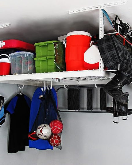 MonsterRax Overhead Garage Storage Racks 4x6 (2-Pack) Ceiling Mounted Shelving, Adjustable Hanging Storage Organizer, Heavy Duty Steel, Holds 500 Pounds, Color: White, Adjusts 18"-33” off Ceiling