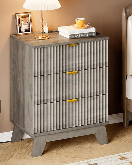 BORNOON 30.5" Nightstand with Charging Station, 3-Drawer Fluted Bedroom Chest, Wood Bedside Dresser with Power Outlets and USB Ports, Metal Slides, Stable Base, Modern Storage Cabinet for Small Spaces