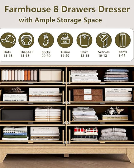 HUANLEGO Fluted Dresser for Bedroom, 8 Drawer Dressers & Chest of Drawers, Mid Century Modern Dresser for Closet Boho Bedroom Furniture, Nature Wood Chest of Drawers Storage Organizer for Living Room