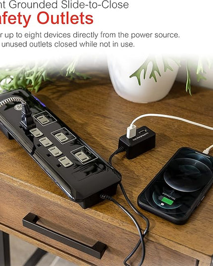 GE UltraPro 8 Outlet Surge Protector with USB Charging Dock, 2 USB Ports, 2160 Joules, 4' Cord, Black, 34117