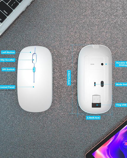 Wireless Bluetooth Mouse Rechargeable Laptop Mice with LED Use Portable(BT5.2 and USB 2.4G) Dual Mode Connection Silent Slim Computer Mouse for Laptop/iPad Tablet/Apple MacBook/PC(White)