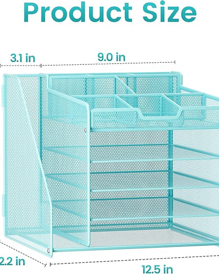 Lavatino 5-Tier Metal Mesh Desk Organizer with File Holder & 7 Customizable Compartments | Paper Letter Tray for Office or Home Desk Storage | Keep Workspace Supplies Neat & Organized, Blue