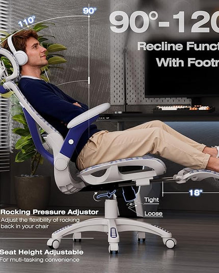 ELABEST X100 Ergonomic Mesh Office Chair with Footrest, Big and Tall Hone Desk Chair with 5D Flip-Up Arms, Adjustable 3D Lumbar Support,Gaming & Executive Computer Chairs for Long Hours